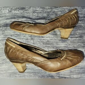 Steve Madden Brown‎ Leather Ruched Round Toe Block Heel Pumps Comfortable Shoes